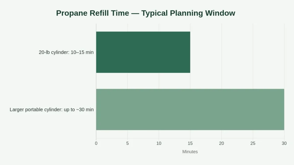 Infographic comparing typical refill time for a 20-pound propane cylinder with larger portable cylinders